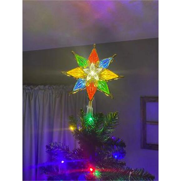 Retro Nostalgic 8" Gold Trim Multicolor Star Christmas Tree Topper Light Up Lit - Picture 13 of 15